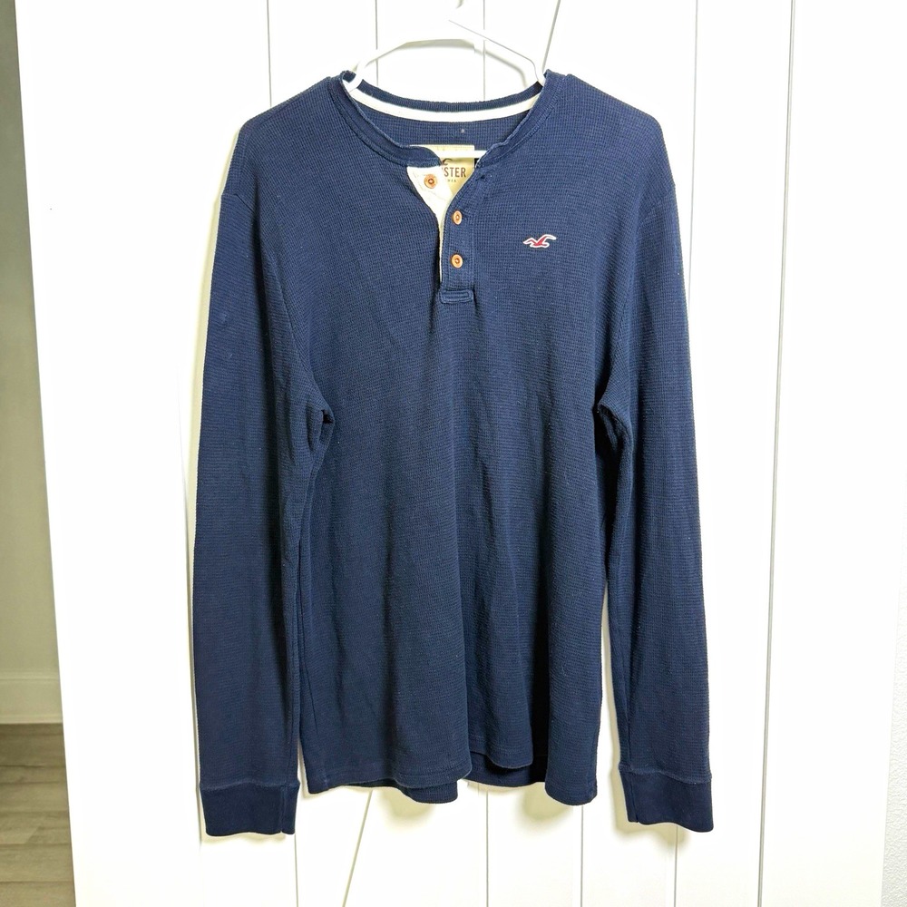 Hollister California Men's Medium Navy Waffle Knit Long Sleeve Henley TShirt Y2K